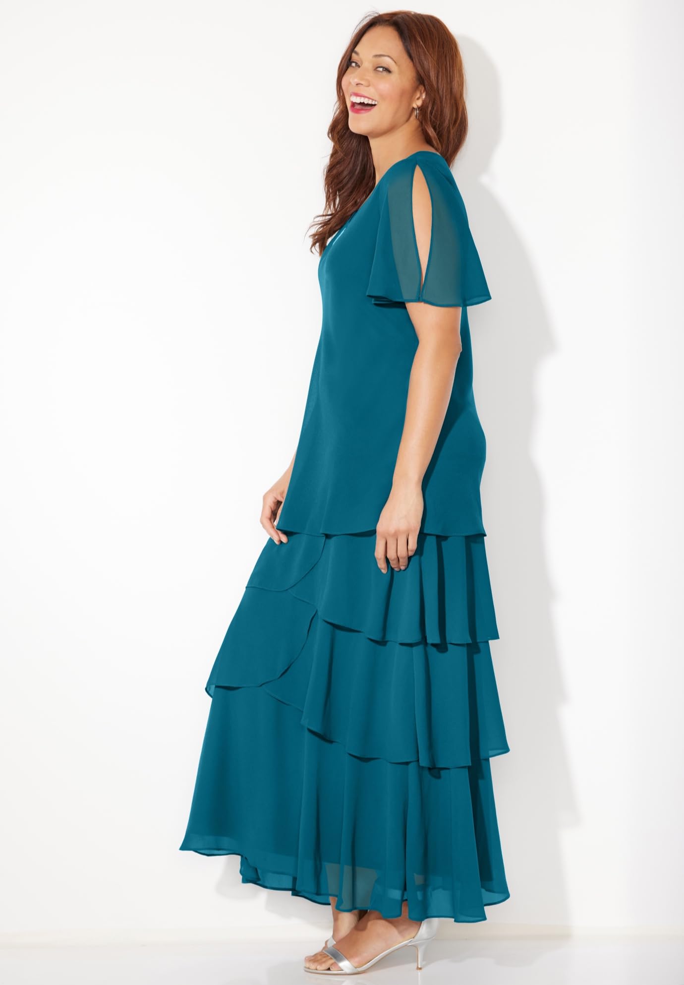 Catherine's Women's Plus Size Tiered Chiffon Maxi Dress - Elegant Flowy Long Dress for Casual Wear, Beach Vacation & Special Occasions