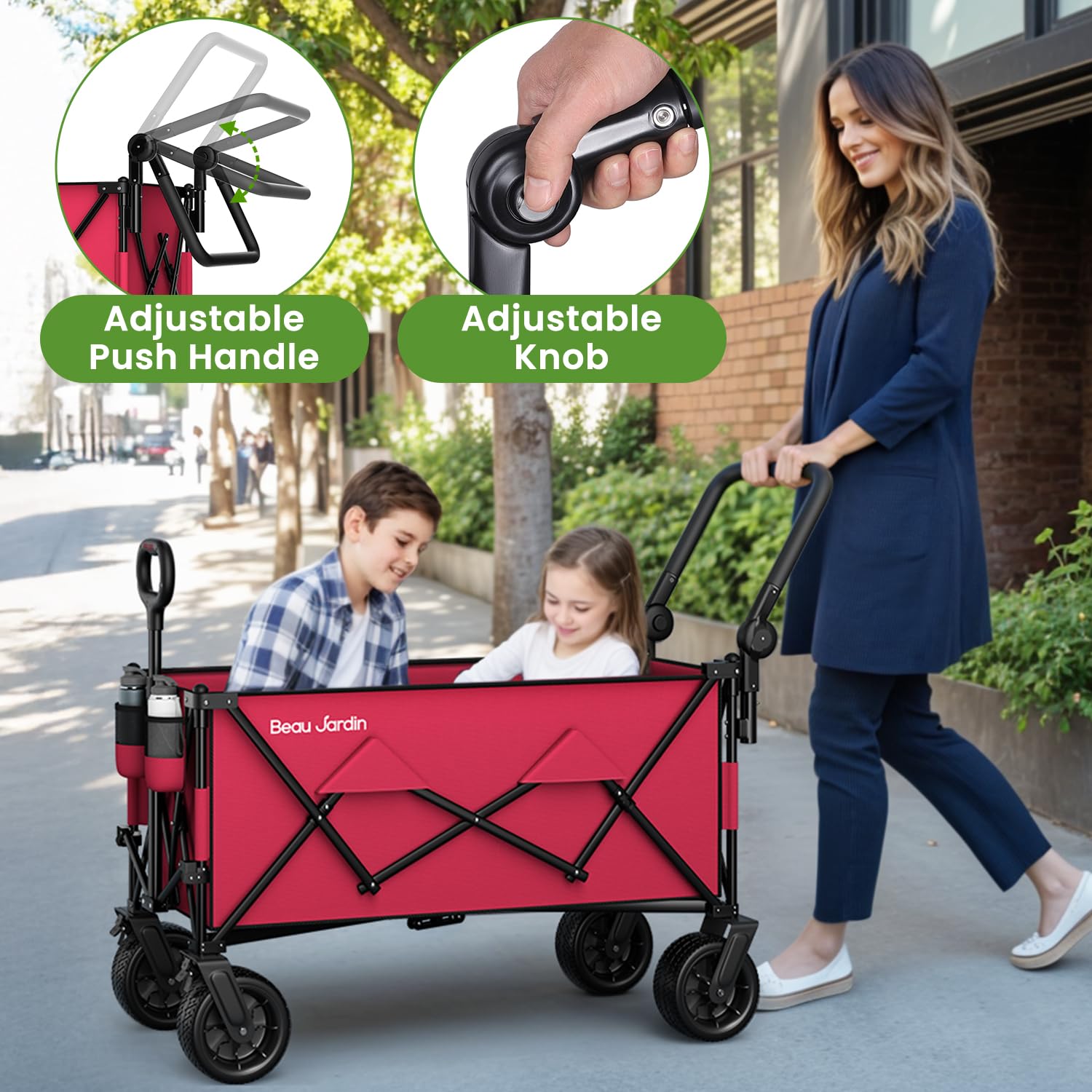 Beau Jardin 500 lbs Folding Beach Wagon Cart with All-Terrain Wheels & Push Handle - Heavy Duty Collapsible Utility Wagon for Grocery Shopping, Camping, Sports, Gardening & Outdoor Activities (Red)
