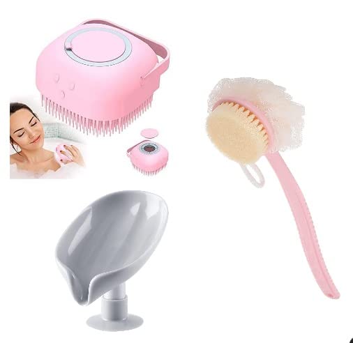 Maruti Creation 3-Piece Shower Brush Set - Silicone Shampoo Dispenser, Long Handle Back Scrubber with Soft Loofah & Self-Draining Soap Dish | Bath & Body Care Essentials for Spa, Home & Travel (Multi-Color)