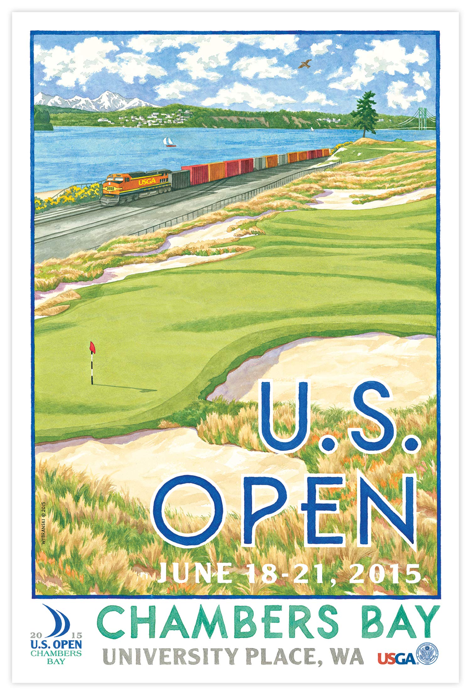 Lee Wybranski Official Golf Art Print - 2015 U.S. Open Championship at Chambers Bay - 20x30 Inch Wrapped Canvas - Perfect Golf Gift for Men, Office Decor & Man Cave Wall Art