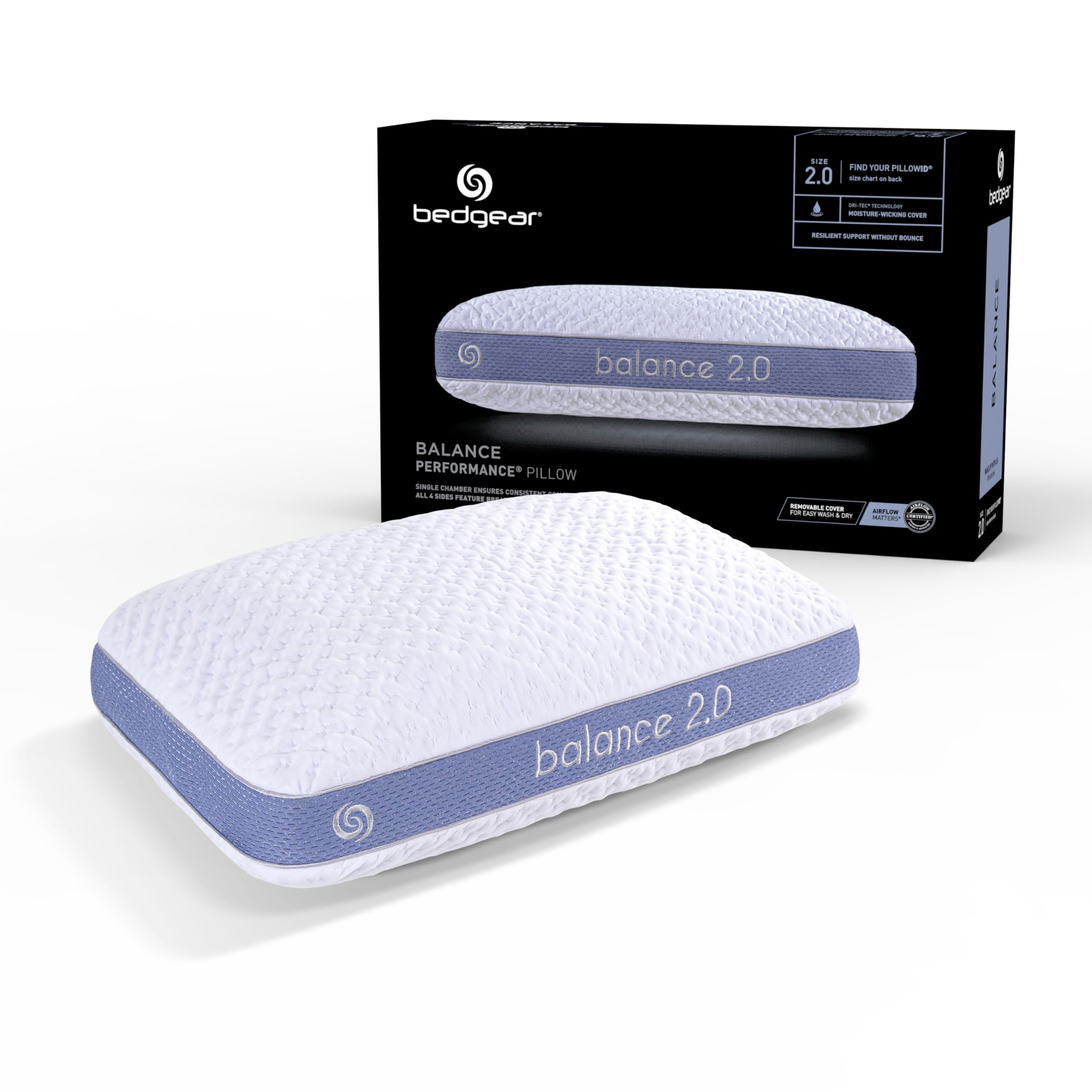 Bedgear Balance Performance Pillow 2.0 - Moisture Wicking Cooling Pillow for Side, Back & Stomach Sleepers - Medium Firm Support Pillow with Washable Cover (20x26x5.75 Inches) - Perfect for Hot Sleepers & Allergy Relief