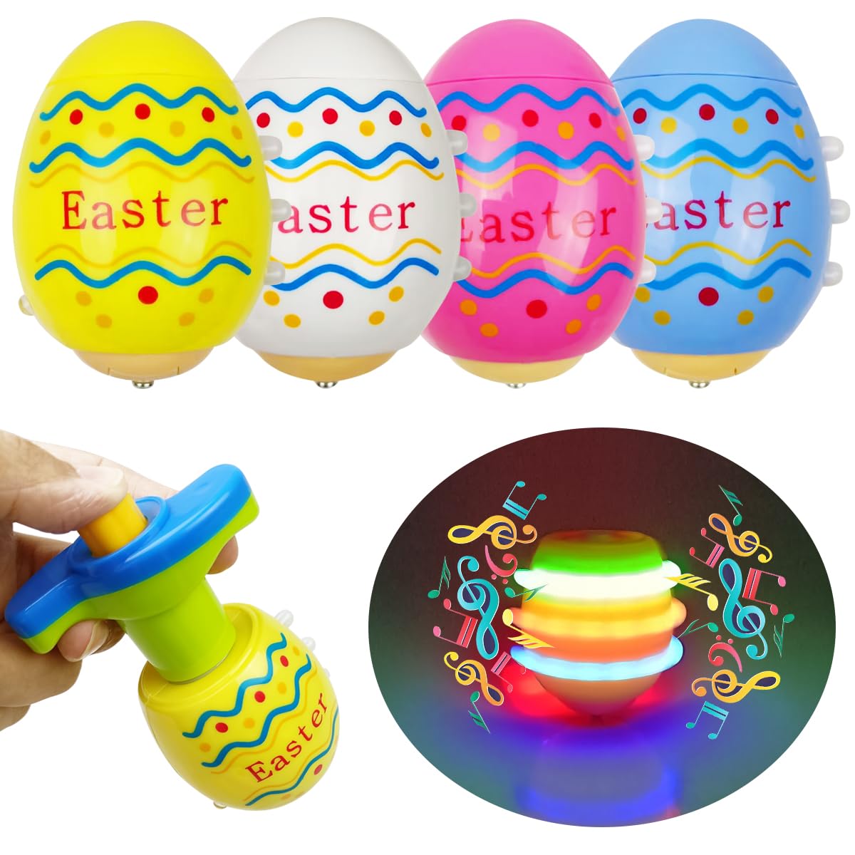 Pinkiwine 4 Pack LED Light Up Spinning Tops - Flashing Easter Egg Toys for Kids, Boys & Girls - Fun Party Favors, Easter Basket Stuffers & Holiday Gifts (Great for Easter Celebrations, Birthday Parties & Classroom Rewards)