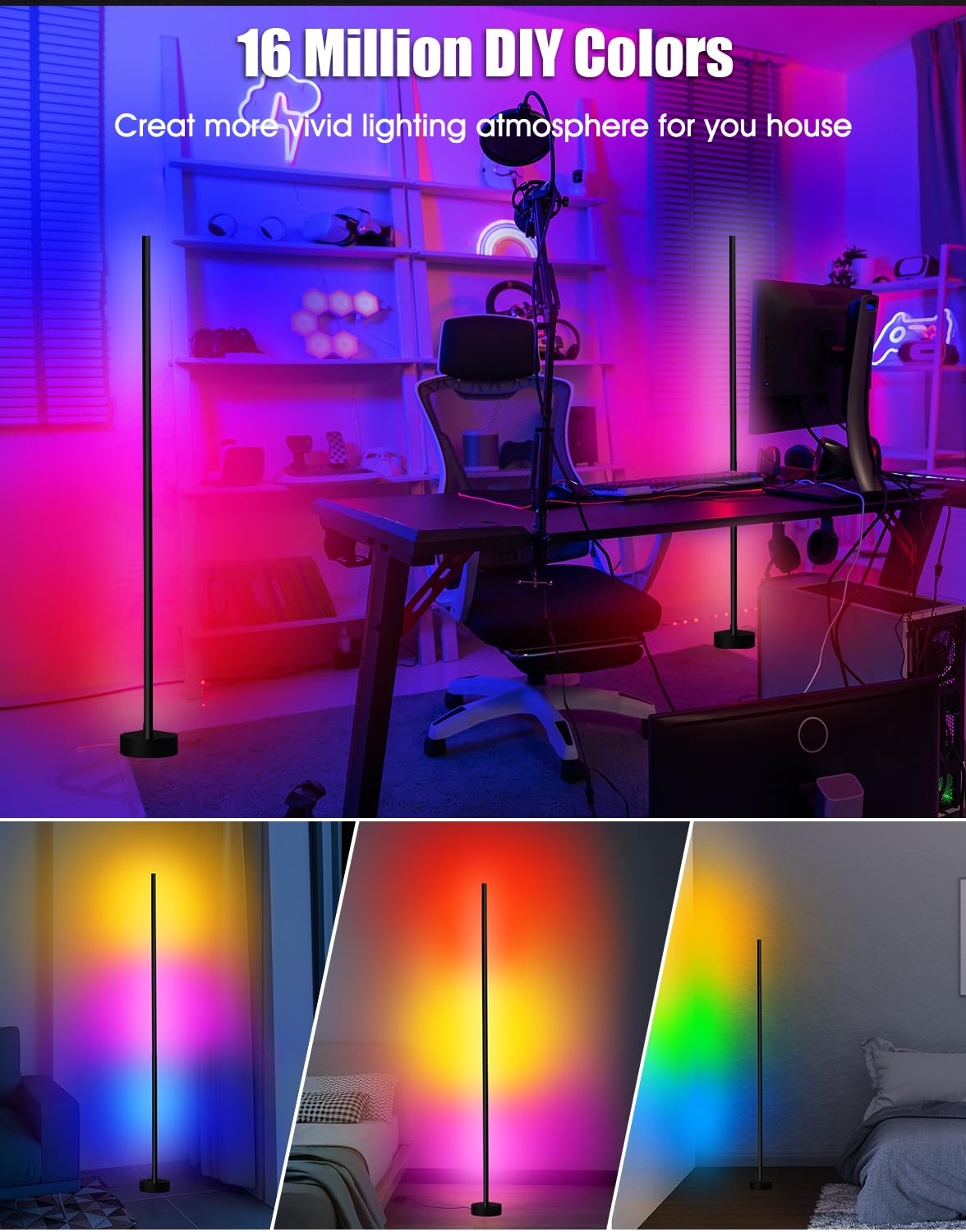 Royana 2 Pack RGB Dimmable LED Floor Lamps with Remote & App Control - 55.5'' Smart Corner Lighting for Living Room, Bedroom, Party & Home Decor | Mood Lighting & Ambient Illumination