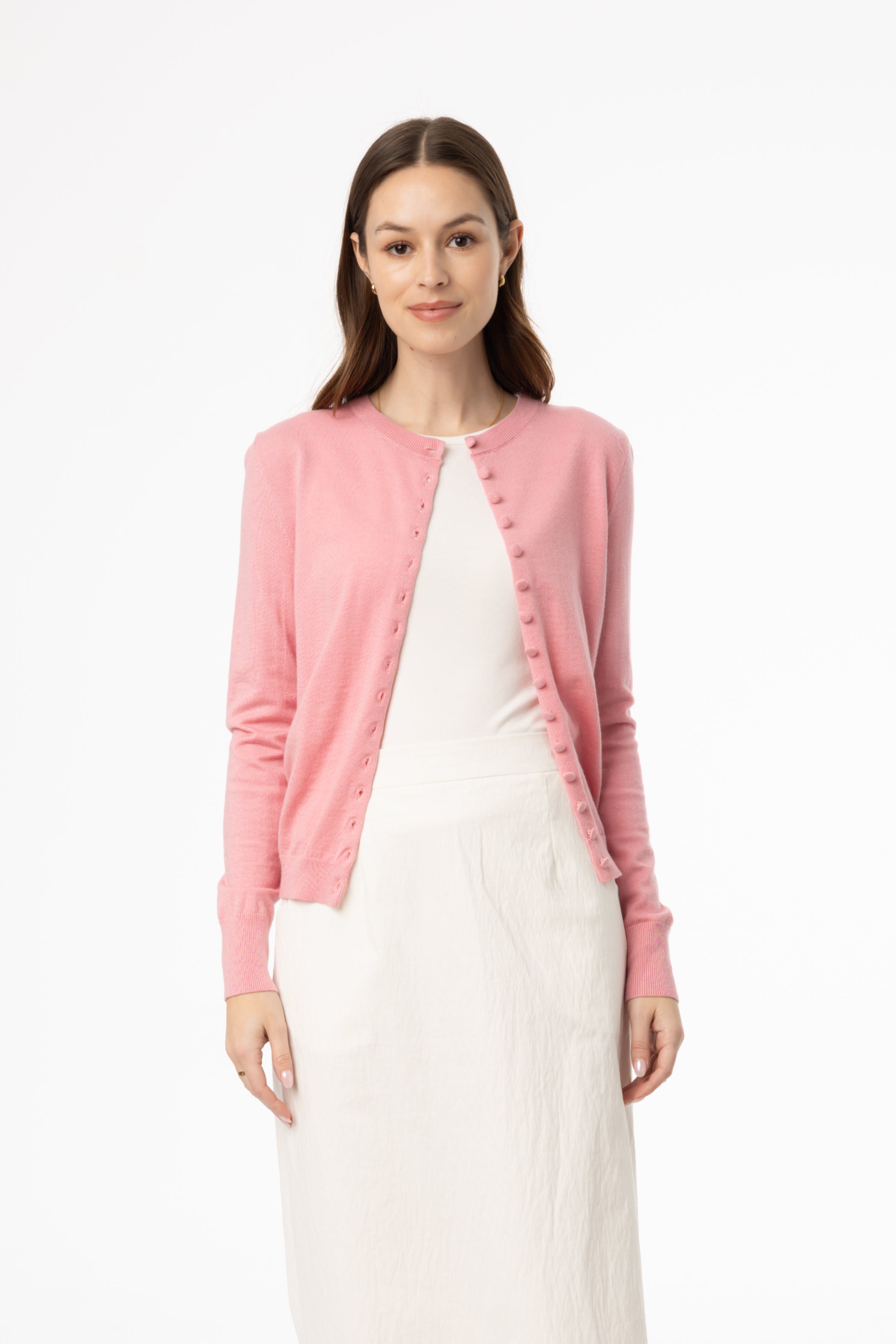 Women's Pink Button Knit Cardigan Sweater - Soft Cozy Open Front Long Sleeve Wrap - Perfect for Fall Winter Layering & Casual Outfits