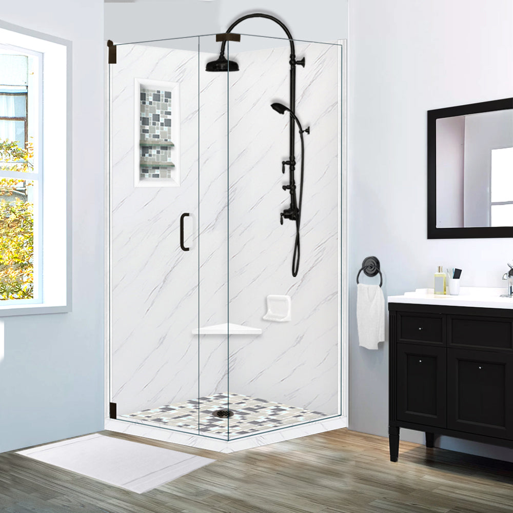 Premium Carrara Marble Newport Mosaic Corner Shower Enclosure Kit - Waterproof Bathroom Upgrade for Modern Homes & Luxury Hotels