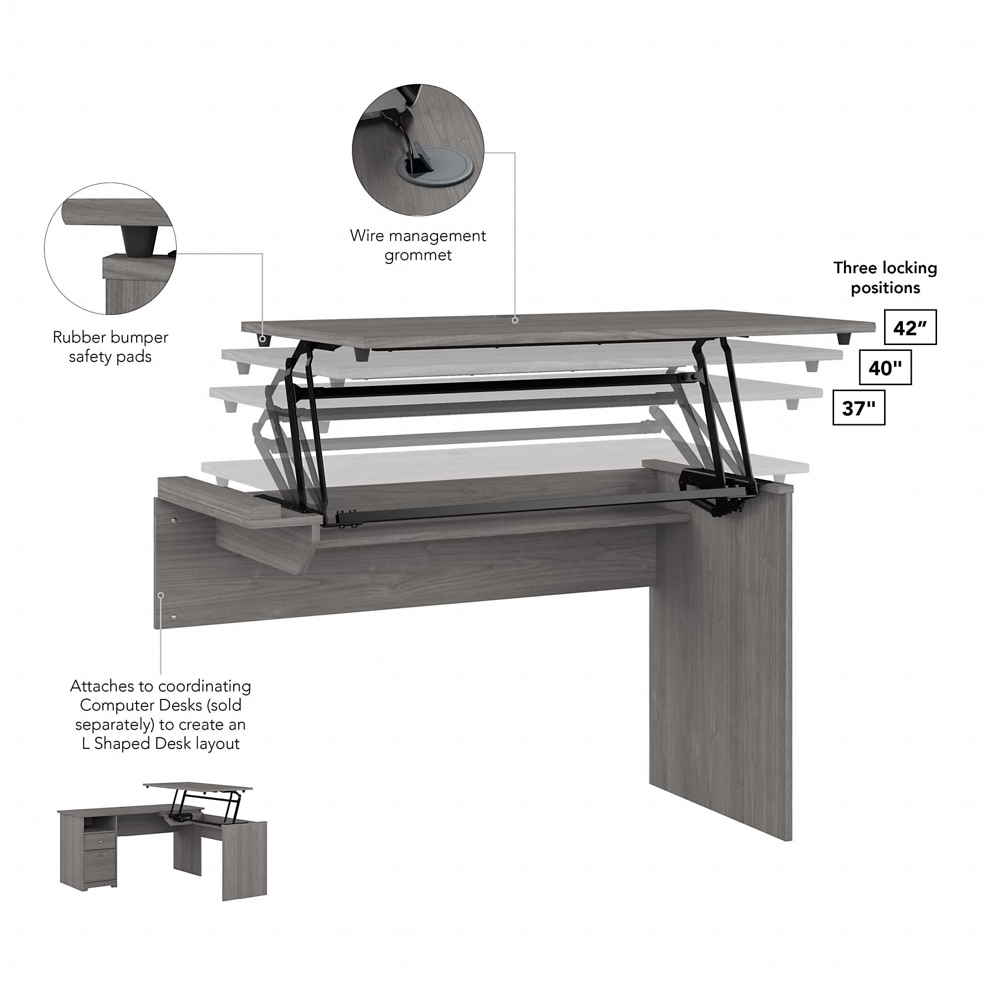 Bush Furniture Cabot 3-Position Adjustable Sit to Stand Desk Return in Modern Gray - Perfect for Home Office, Workspace & Ergonomic Workstations