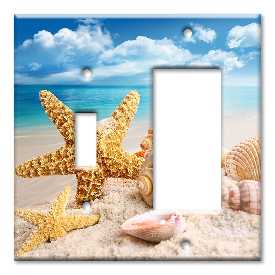 Decorative 2-Gang Toggle/Decora Combination Switch Plate Cover - Ocean Beach Theme with Seashells & Starfish Design - Made in USA - Perfect for Coastal Home Decor, Beach House, Bathroom & Kitchen