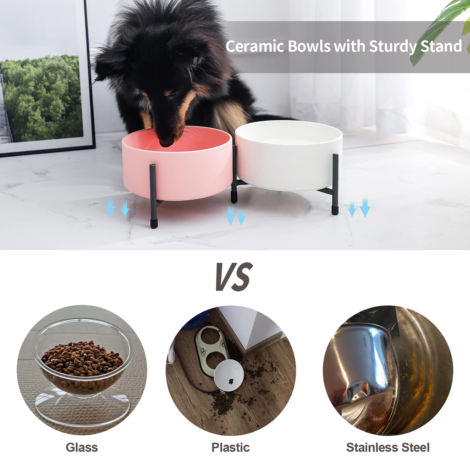 32oz Ceramic Raised Dog Bowls Set with Non-Slip Mat - 6 Inch Elevated Pet Food & Water Dishes with Metal Stand for Medium Dogs & Cats (Pink & White, 2-Pack) - Perfect for Dining Areas, Kitchens & Pet Feeding Stations