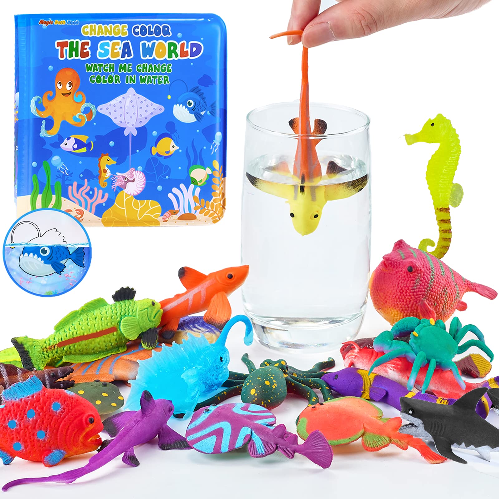 Color Changing Bath Toys for Toddlers - 13 Pack Mold Free Sea Creatures Ocean Animal Toys with Glow in The Dark & Bath Book | Water Table & Bathtub Fun for Kids | Perfect Sensory Play & Learning Toys for Bath Time, Pool Parties & Outdoor Water Play