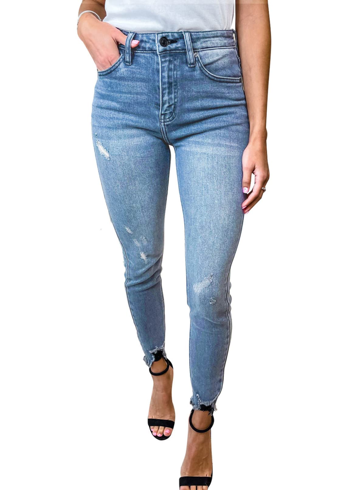 EVALESS Women's High Rise Ripped Skinny Jeans - Slim Fit Boyfriend Denim Pants with Raw Hem & Stretch Comfort | Perfect for Casual Outfits, Date Nights & Street Style Fashion