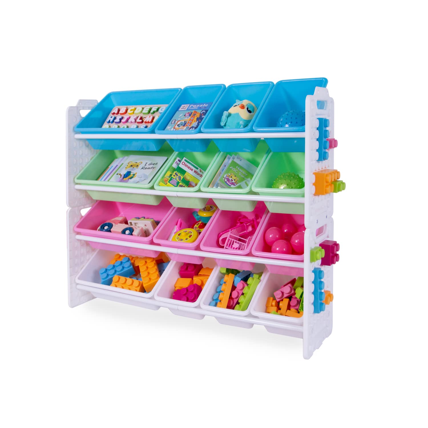 UNiPLAY 16-Bin Toy Storage Organizer with Removable Bins & Baseplate Frame - Kids Books, Building Blocks, School Supplies & Toys Storage Solution (Pink) - Perfect for Playrooms, Classrooms & Home Organization