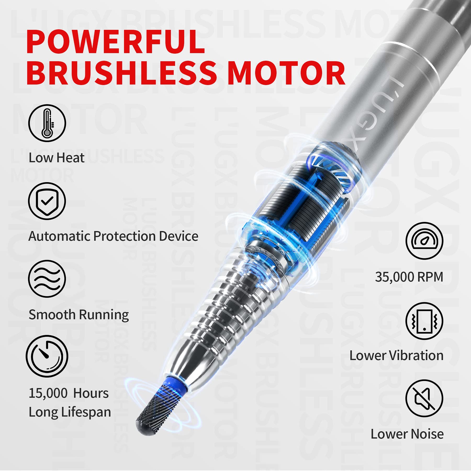 Professional L'UGX 35000RPM Brushless Electric Nail Drill Machine - Cordless Rechargeable Nail Efile for Acrylic & Gel Nails with 8Pcs Drill Bits | Low Noise & Vibration | Perfect for Salon, Home Manicure & Nail Art Professionals