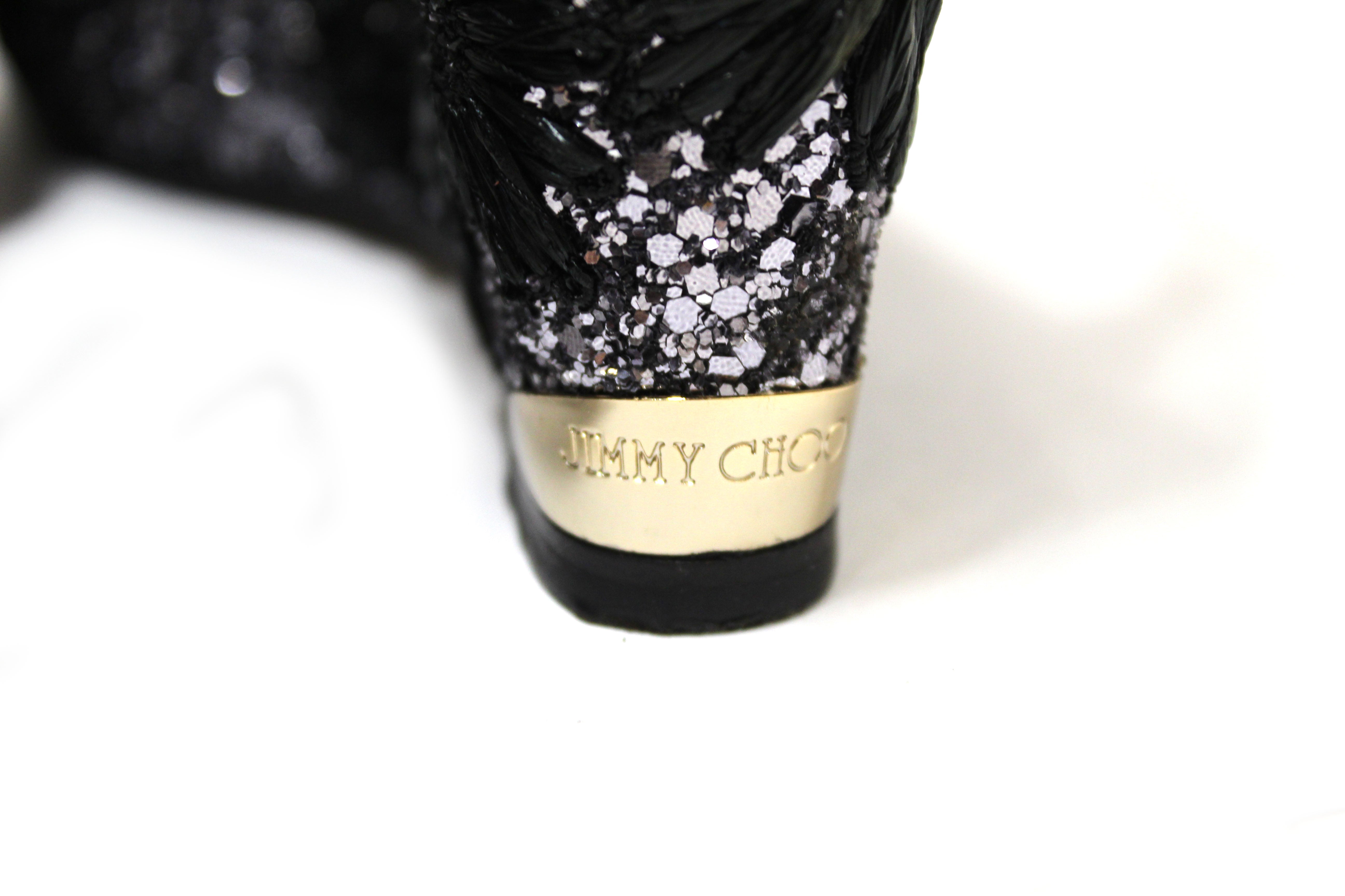 Authentic Jimmy Choo Black Raffia Wedge Sandals with Embroidered Glitter Details - Size 39 US - Perfect for Summer Weddings, Beach Vacations & Evening Parties