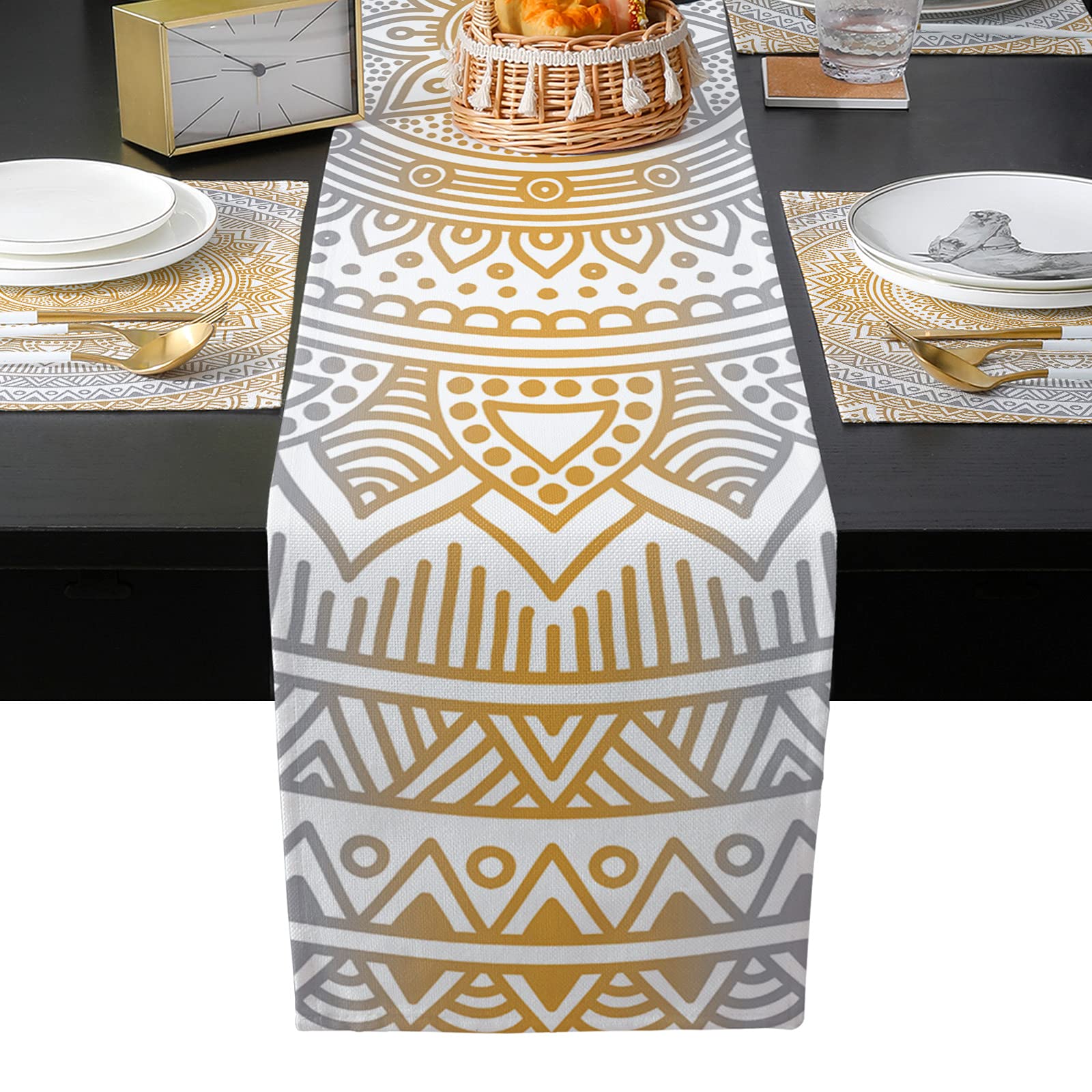Orange Mandala Pattern Cotton Linen Placemats Set with Matching Table Runner - Heat-Resistant Burlap Dining Table Mats for Kitchen, Parties, Weddings & Home Decor - Perfect for Holiday Dinners and Special Events