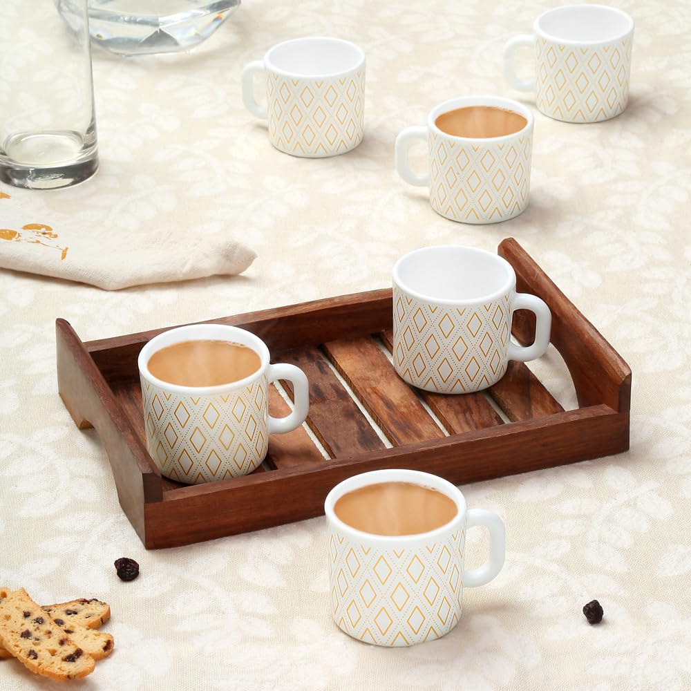 BOROSIL Larah Angel Gold Opalware Tea Coffee Mug Set - 6 Piece 100ml Microwave & Dishwasher Safe Bone-Ash Free White Crockery | Perfect for Home, Office, Gifts & Daily Use