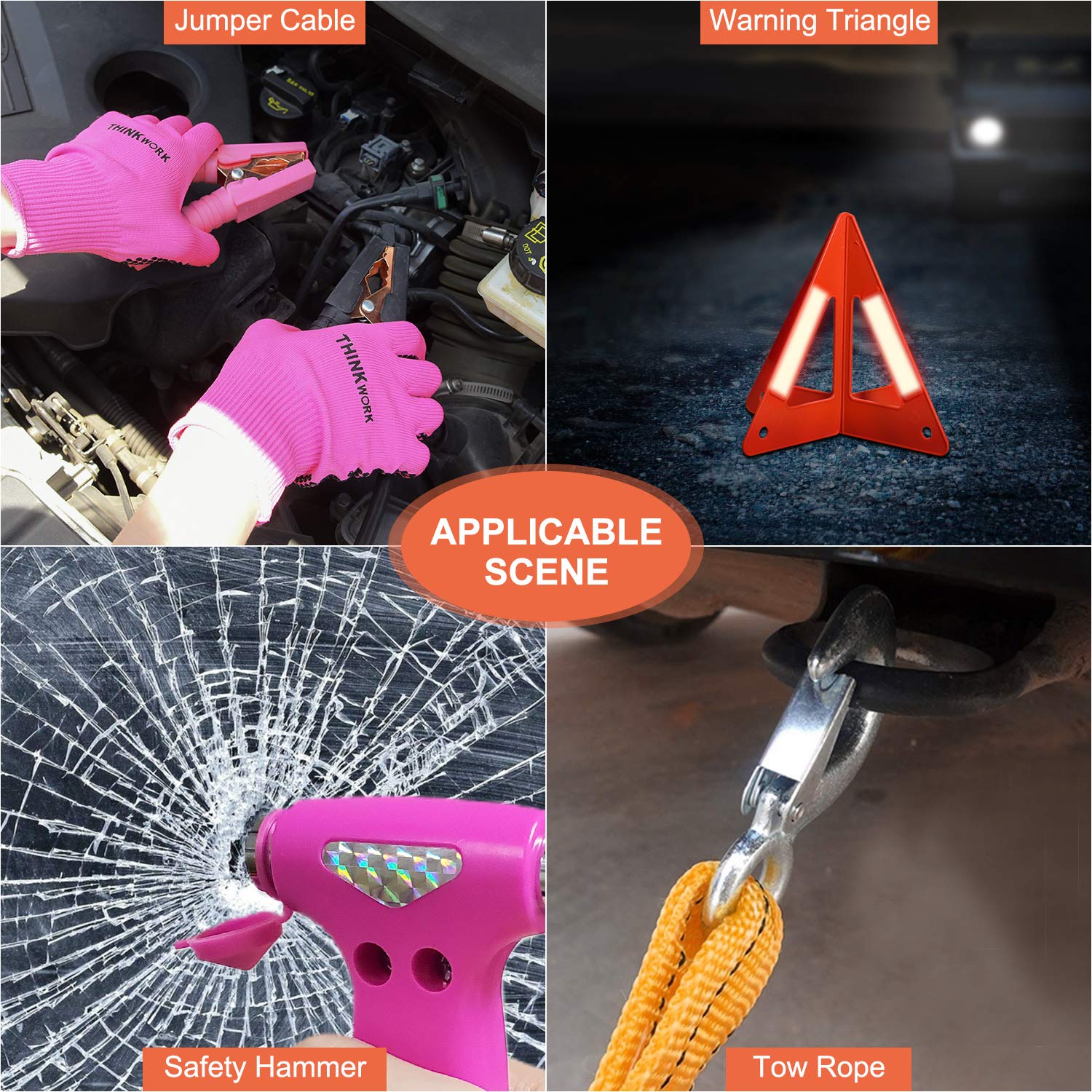 THINKWORK Pink Car Emergency Kit for Women - 10FT Jumper Cables, First Aid Kit, Safety Hammer & Tow Rope | Perfect Roadside Assistance Gift for Teen Girls & Ladies | Essential Vehicle Safety Accessories for Travel & Commuting