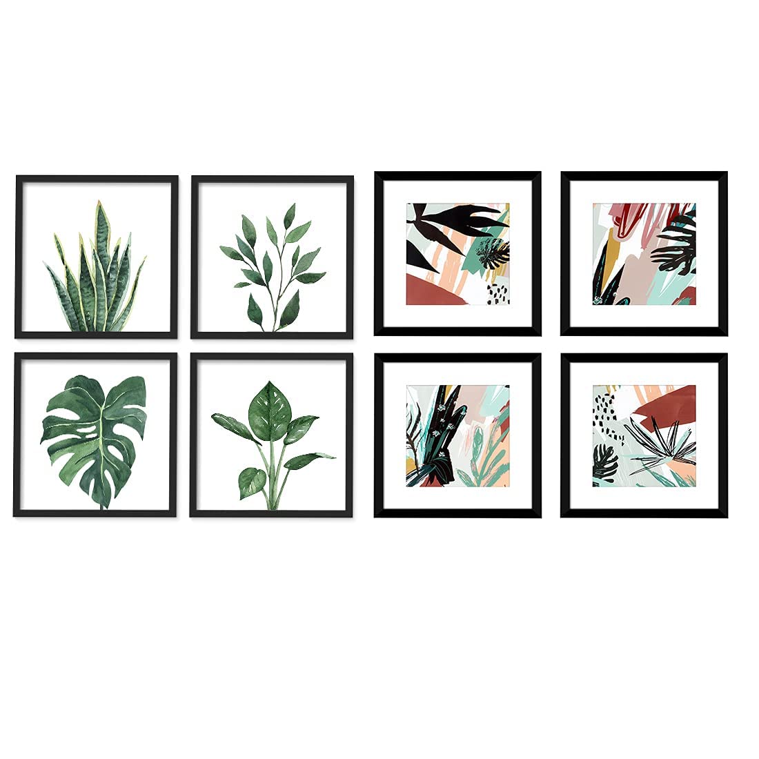 ArtbyHannah 10x10 Inch 4-Panel Framed Wall Art Set - Tropical Botanical Plant Prints in Black Picture Frames for Home Decor, Office, Living Room & Bedroom Gallery Wall Kit