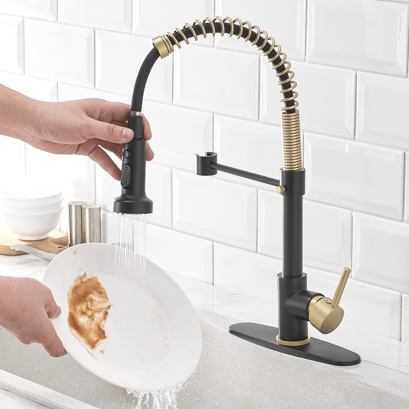 Matte Black & Gold Spring Kitchen Faucet with Pull Down Sprayer - for RV & Laundry Sinks