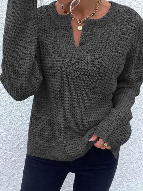 Notched Long Sleeve Sweater for Women - Cozy Knit Pullover with Ribbed Cuffs - Perfect for Fall & Winter Layering, Office Wear and Casual Outfits