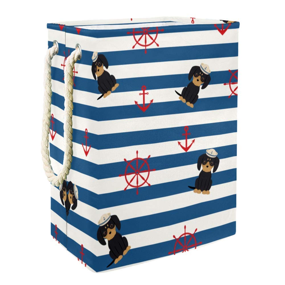 Unicey Waterproof Collapsible Laundry Basket - Nautical Theme Dachshund Sailor with Anchors & Steering Wheel Design - Perfect for Dirty Clothes Storage in Bathroom, Bedroom, or Dorm (18 Gallon Capacity)