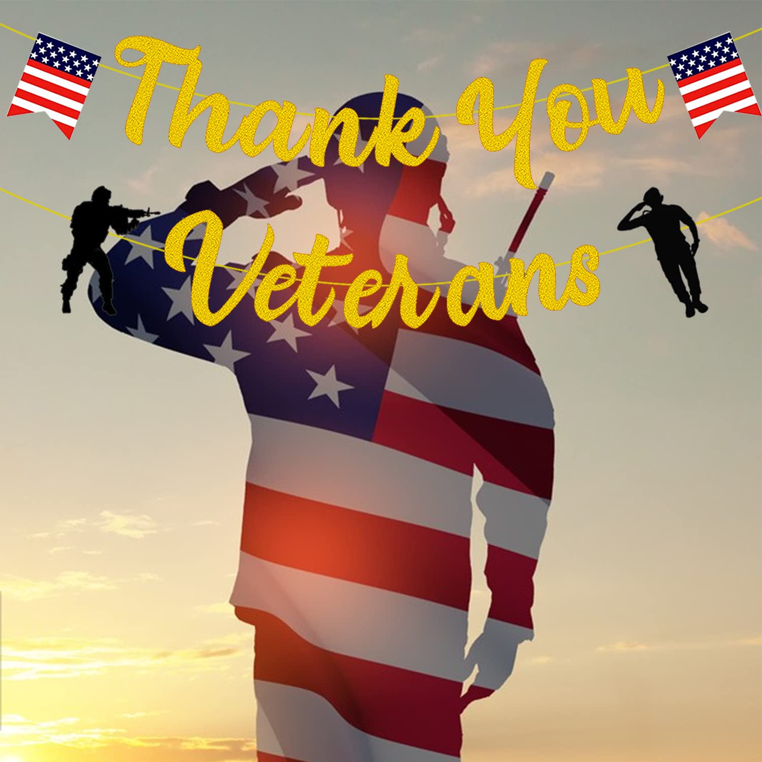 Gold Glitter Thank You Veterans Banner - Patriotic American Flag Decor for Veterans Day Party, Military Appreciation Events & Home Decoration | Land of the Free Because of the Brave Soldier Banner