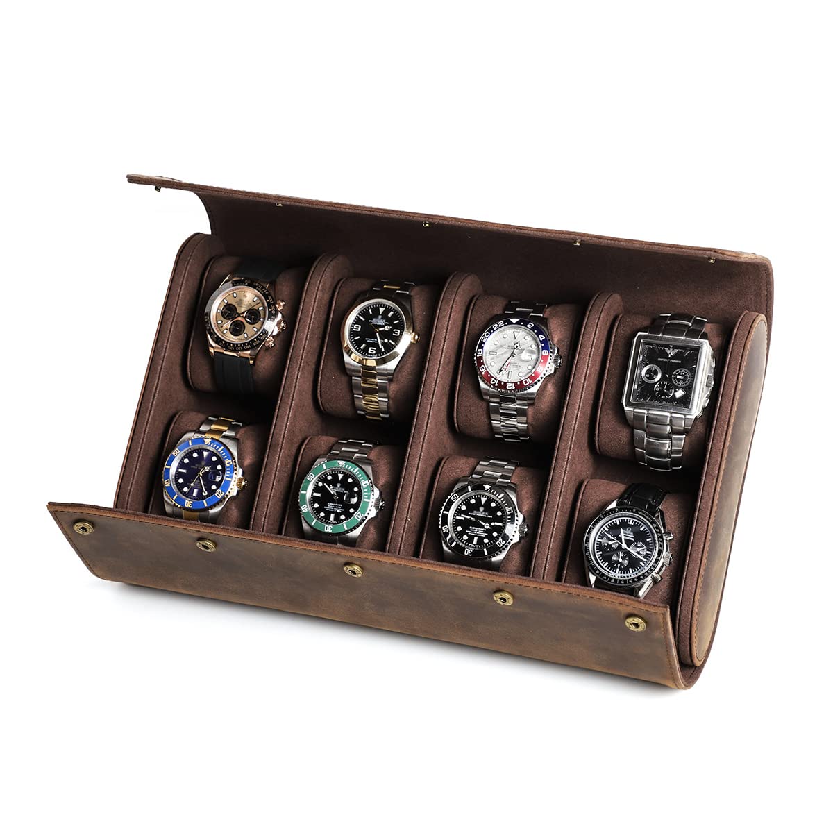 Premium Genuine Leather Watch Roll Travel Case - Holds 8 Watches & Bracelets, Business & Luxury Watch Storage Organizer, Coffee Brown - Perfect for Travel, Business Trips & Watch Collection Display