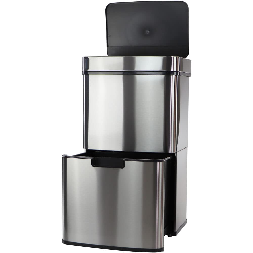 Hanover Home 16.4 Gallon Stainless Steel Motion Sensor Trash Can with Pull-Out Recycling Bin - Fingerprint-Resistant Kitchen Garbage Bin for Home & Office Use (62L) - Perfect for Waste Management in Modern Kitchens, Pantries & Break Rooms