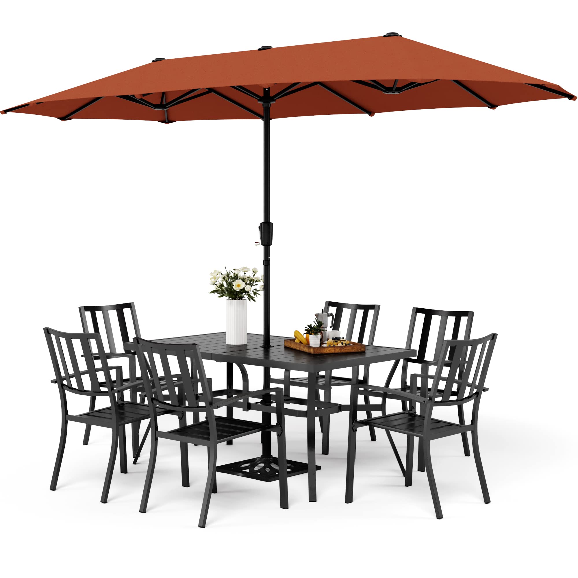 MFSTUDIO 8-Piece Patio Dining Set with 6 Steel Slat Chairs, 1 Metal Rectangular Table & 13ft Double-Sided Umbrella (Orange Red) - Outdoor Furniture for Garden, Backyard, Poolside & Restaurant Use