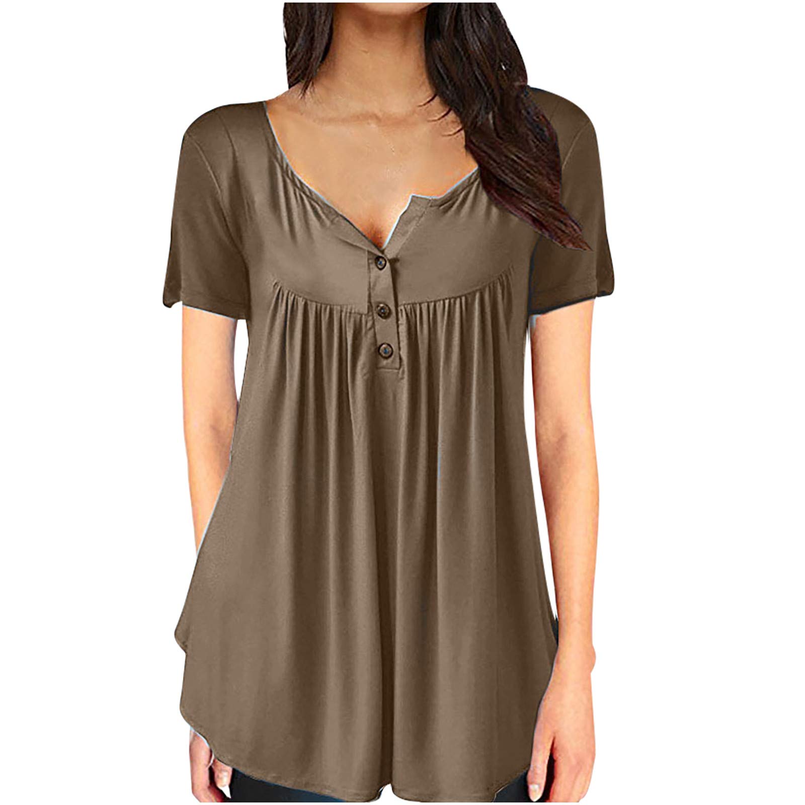 Women's Casual Short Sleeve V-Neck Button Up Tunic Top - Flowy Pleated Blouse in Solid Colors | Perfect for Work, Weekend Outings & Summer Vacations