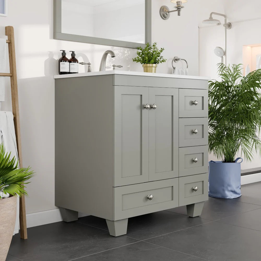 Eviva Acclaim 30 Inch Bathroom Vanity with Carrara Quartz Countertop - Modern White Bathroom Sink Cabinet for Small Spaces, Perfect for Powder Rooms and Guest Bathrooms