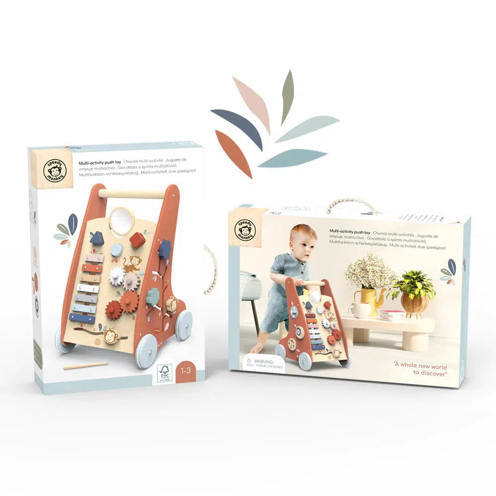 Speedy Monkey Wooden Baby Activity Walker - Push & Pull Toy with Bead Maze, Shape Sorter & More - Montessori Learning Toy for Toddlers 1-3 Years - Perfect for Early Childhood Development & Playtime Fun