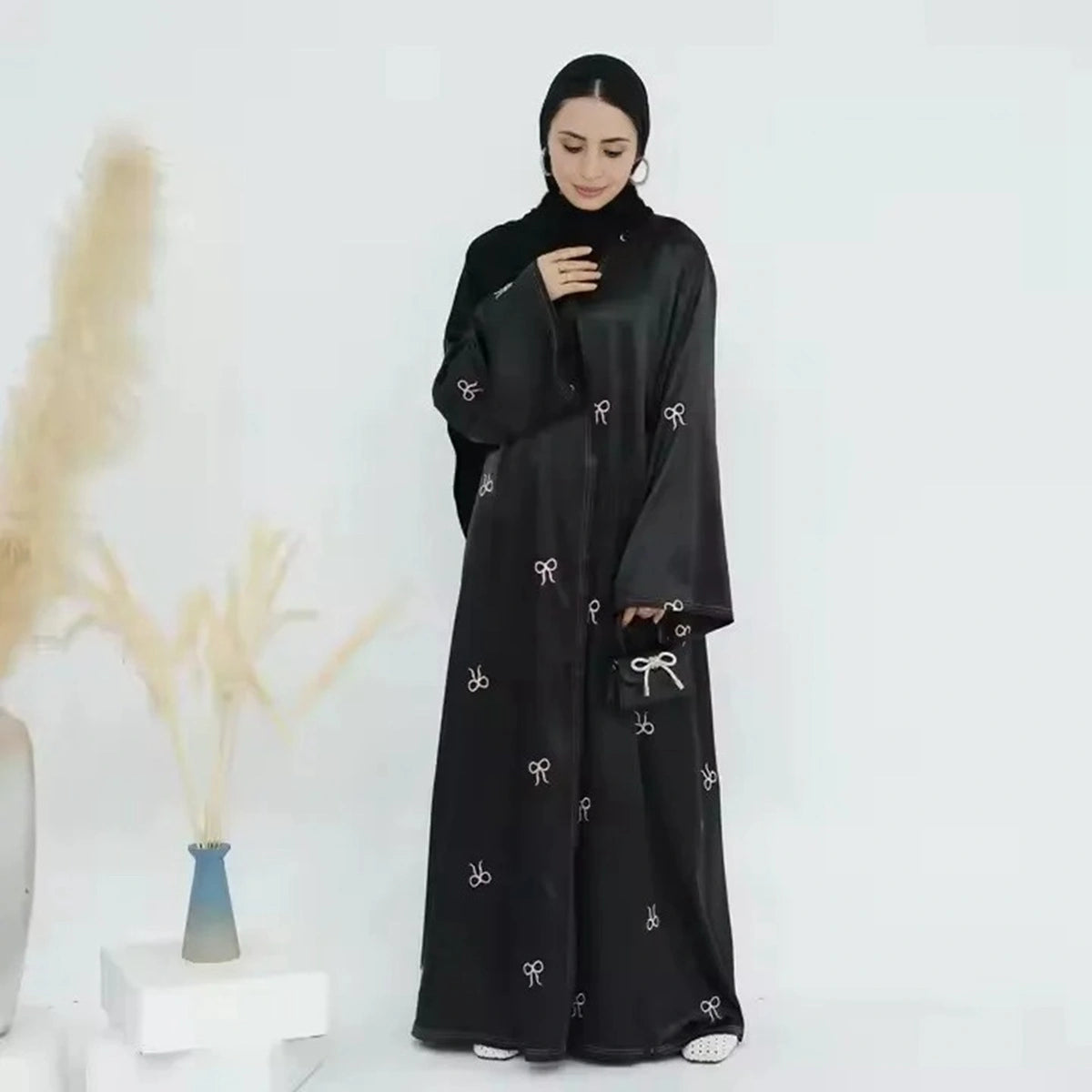 Elegant Bow Embroidery Nida Cardigan Open Abaya Dress #24910 - Modest Muslim Fashion for Women, Perfect for Prayer, Eid, and Special Occasions