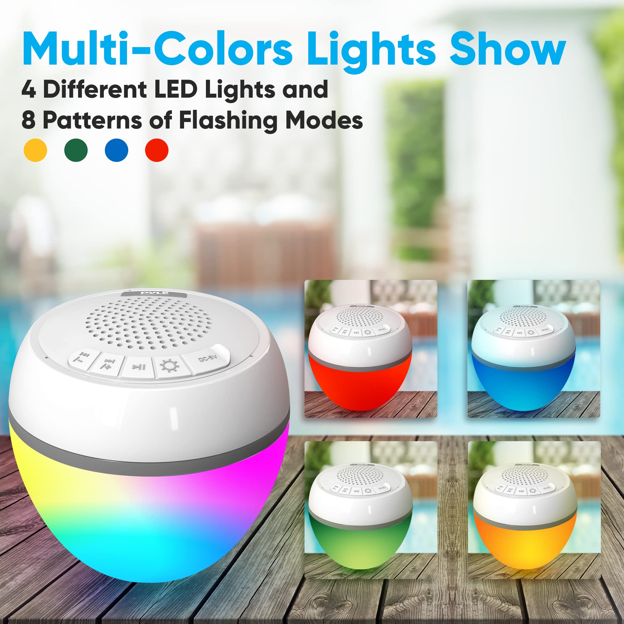 PyleUsa IP68 Waterproof Floating Bluetooth Speaker with LED Lights, Portable Wireless Pool Speaker with Stereo Surround Sound, USB Rechargeable, 50 ft Range, Perfect for Pool, Beach, Shower, Hot Tub, Travel, and Outdoor Parties