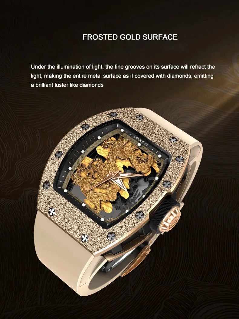 Luxury Men's Automatic Mechanical Watch - Tonneau Case, Gold Dragon Skeleton Dial, Luminous Hands, Fluororubber Strap | Perfect for Business, Formal Events & Gift Giving