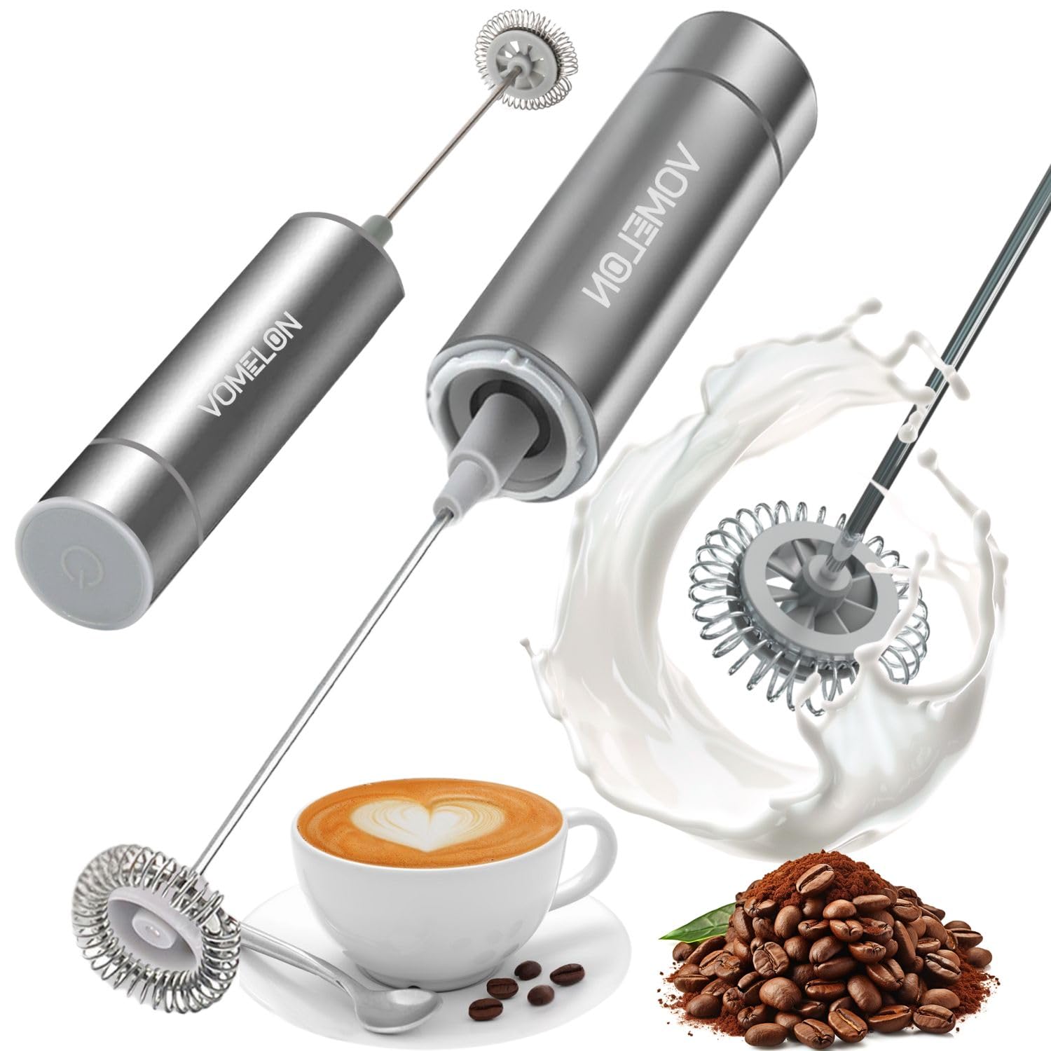 Electric Milk Frother Handheld - Battery Operated Mini Drink Mixer for Coffee, Latte, Cappuccino & Hot Chocolate - Includes 2 Stainless Steel Whisk Heads - Perfect for Keto Coffee, Home & Office Use - Silver