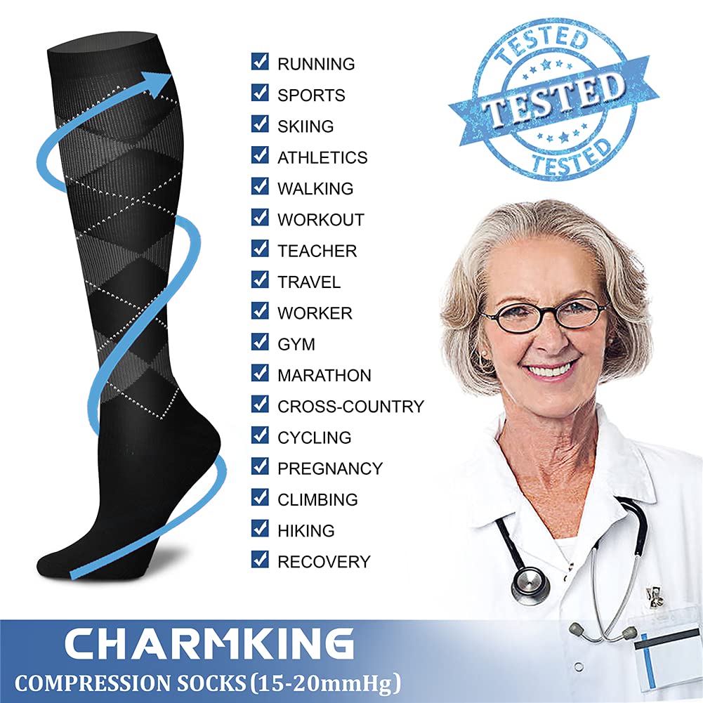 CHARMKING 15-20 mmHg Compression Socks for Women & Men - 8 Pairs - Best Support for Running, Cycling, Nursing & Travel - Improve Blood Circulation & Reduce Swelling - Perfect for Athletes, Nurses & Frequent Flyers