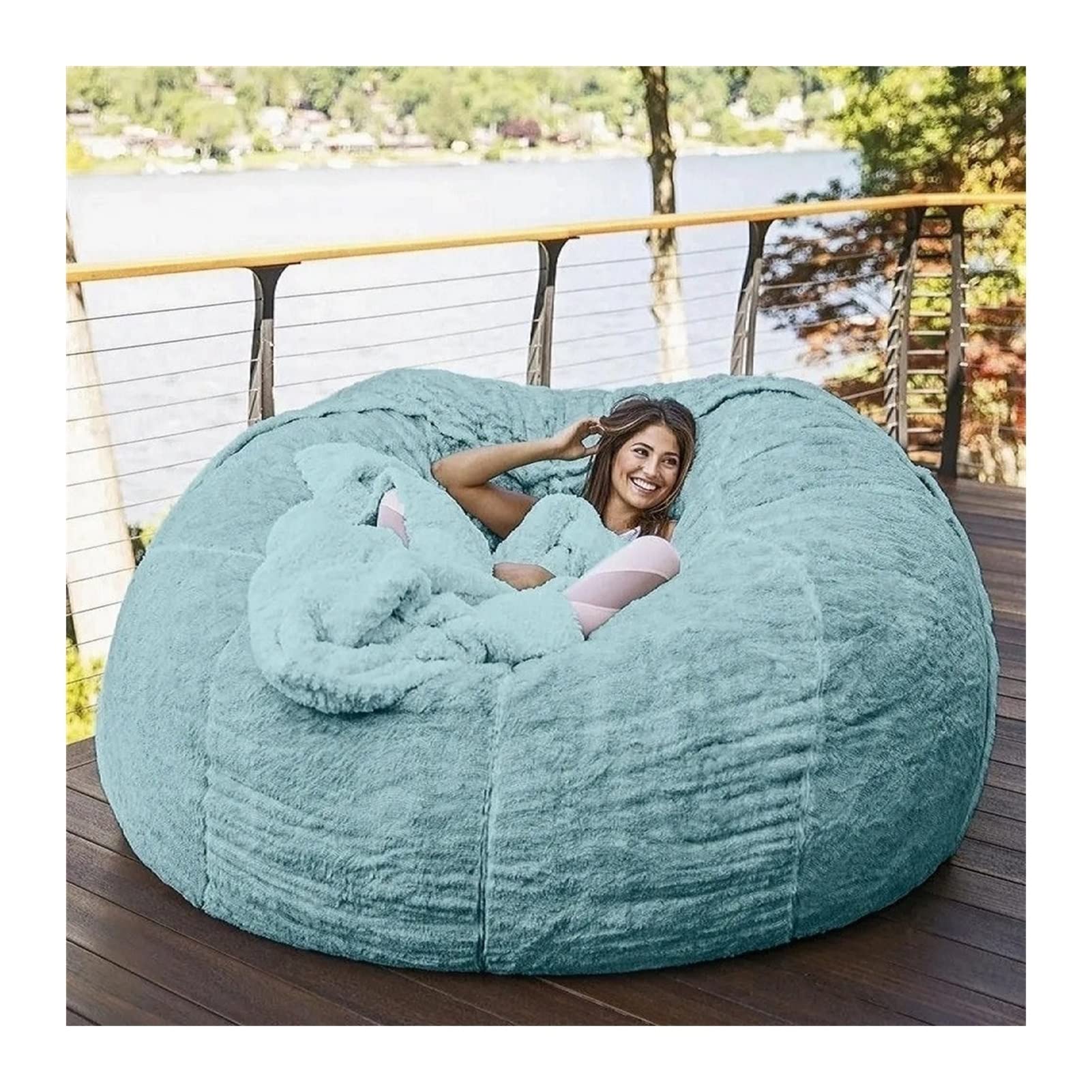Soft Fluffy 7FT Sky Blue Bean Bag Chair Cover for Kids 8-12 - Round PV Sofa Bed Replacement Cover (No Filler Included) - Perfect for Playrooms, Dorm Rooms & Cozy Reading Nooks