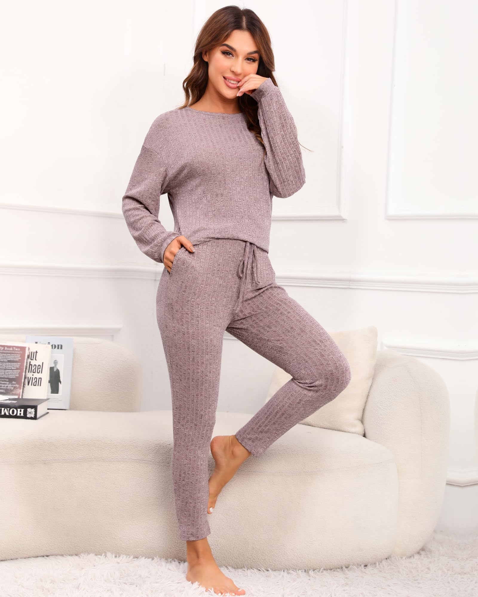 Difficort Women's Long Sleeve Pajama Set - Soft Ribbed Knit Sleepwear & Lounge Wear with Pockets - Cozy Winter Nightwear for Home Relaxation & Sleep