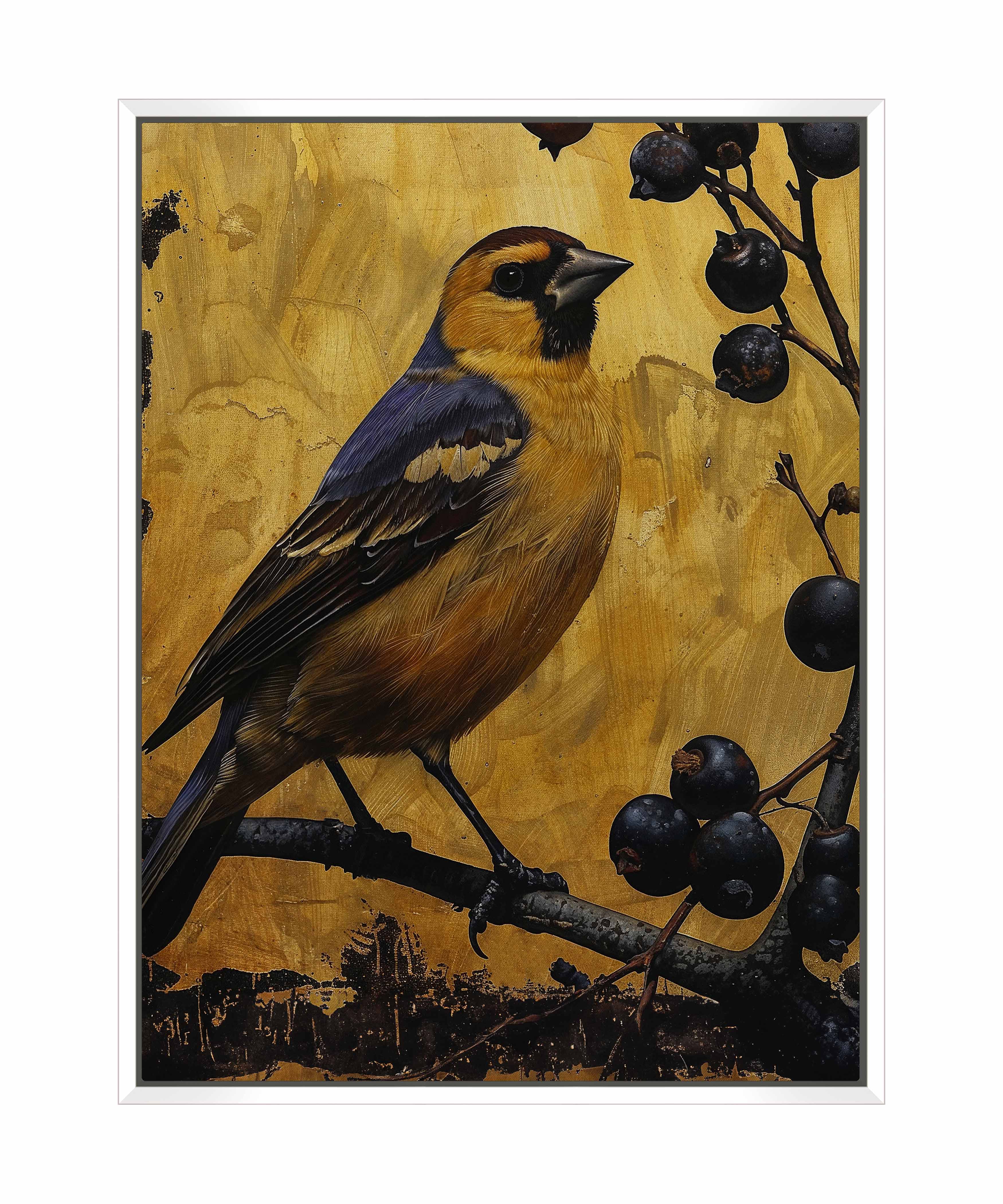 Gilded Harmony Finch Among Berries Gallery Wrapped Canvas Wall Art - Beautiful Nature Bird Painting for Living Room, Bedroom & Office Decor