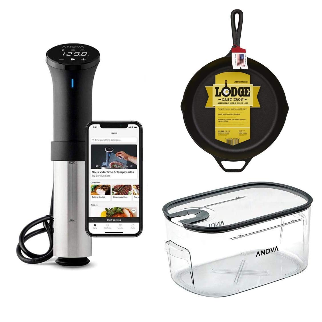 Anova Precision Cooker AN500 Sous Vide Immersion Circulator with ANTC01 Water Container & Lodge 10.25
