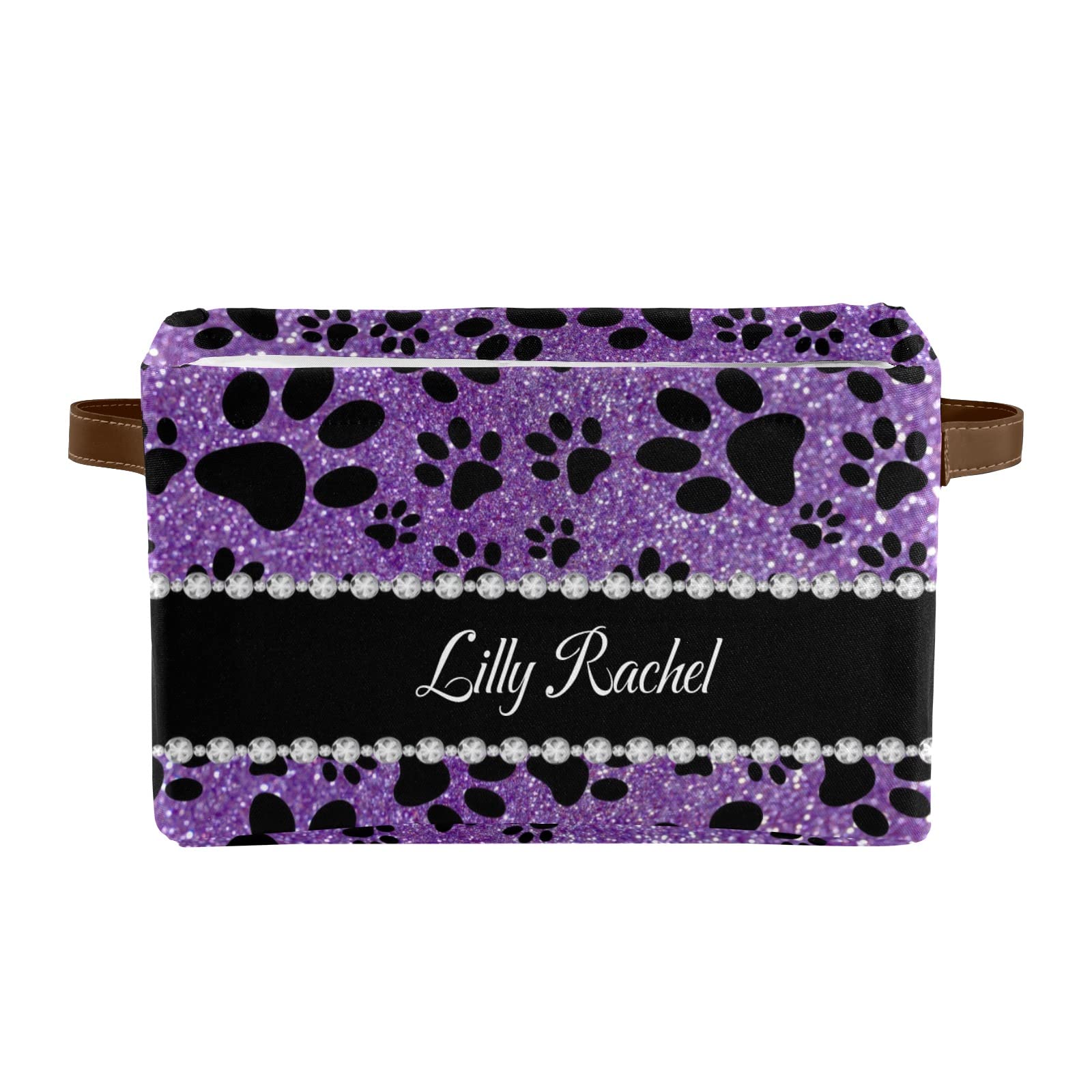 Personalized Dog Paw Purple Glitter Storage Bins - Durable Cube Organizer Basket with Handle for Shelves, Wardrobe, Nursery & Toy Storage (1 Pack) - Perfect for Pet Lovers' Home Organization & Kids' Room Decor