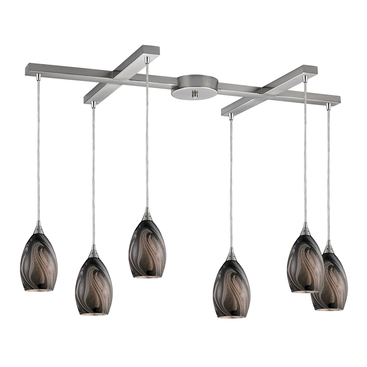 Formations 6-Light H-Bar Pendant Light Fixture - Satin Nickel Finish with Ashflow Glass Shades - Perfect for Kitchen Island, Dining Room, or Entryway Lighting