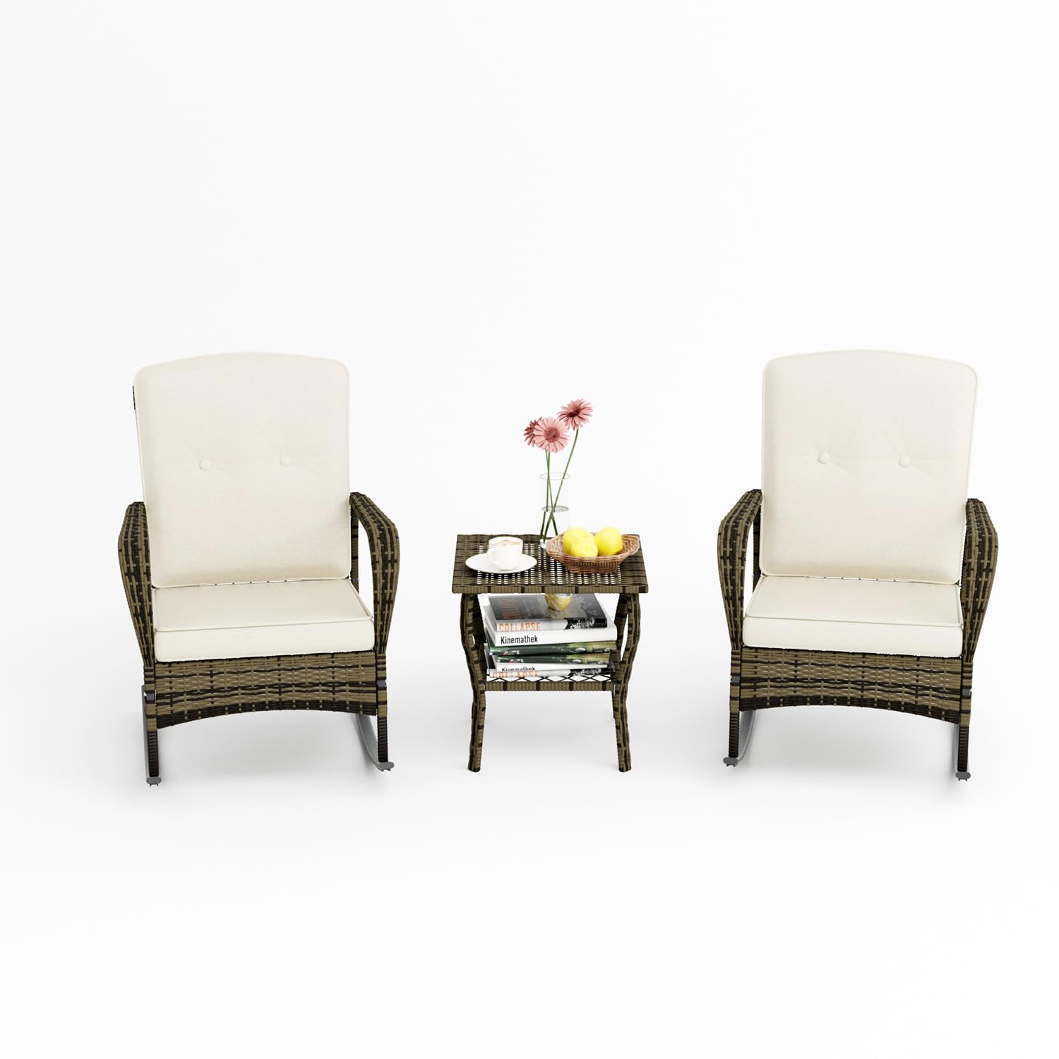 3-Piece Patio Conversation Set with Outdoor Rocking Chair & Wicker Bistro Table - Beige Porch Furniture for Deck, Garden, Poolside Relaxation | Perfect for Backyard Lounging, Outdoor Entertaining & Sunset Chats