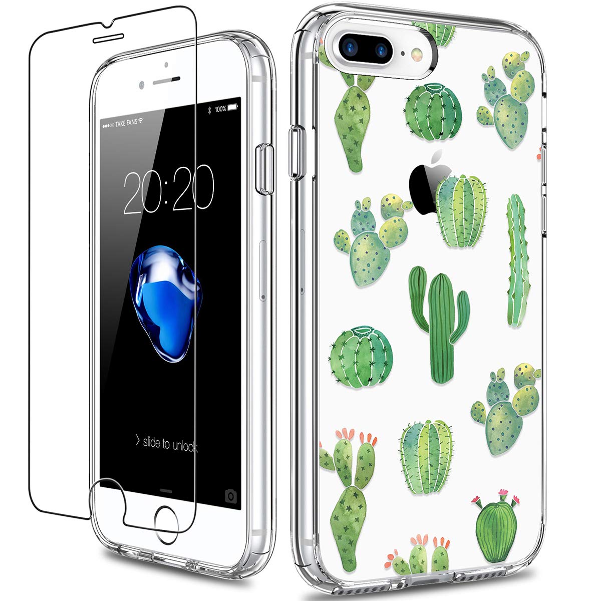 GiiKa Clear Heavy Duty Protective Case for iPhone 8 Plus/7 Plus with Screen Protector | Floral TPU Bumper Cover | Green Cactus Design | Perfect for Women & Girls - Everyday Protection & Stylish Look