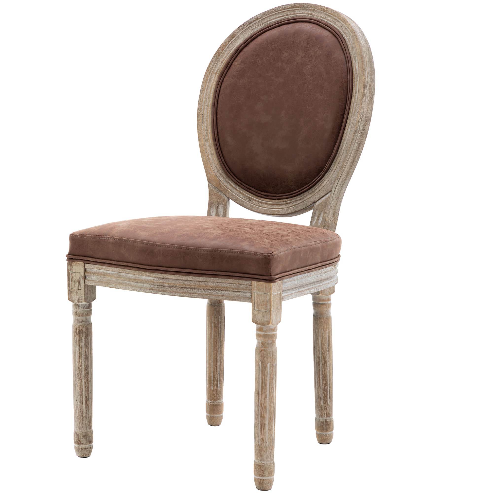 Farmhouse Style Leather Dining Chairs Set of 2 - French Country Round Back Bistro Chairs with Sturdy Wood Legs for Kitchen, Restaurant, Living Room & Dining Room - Perfect for Rustic Home Decor & Commercial Spaces (Brown)