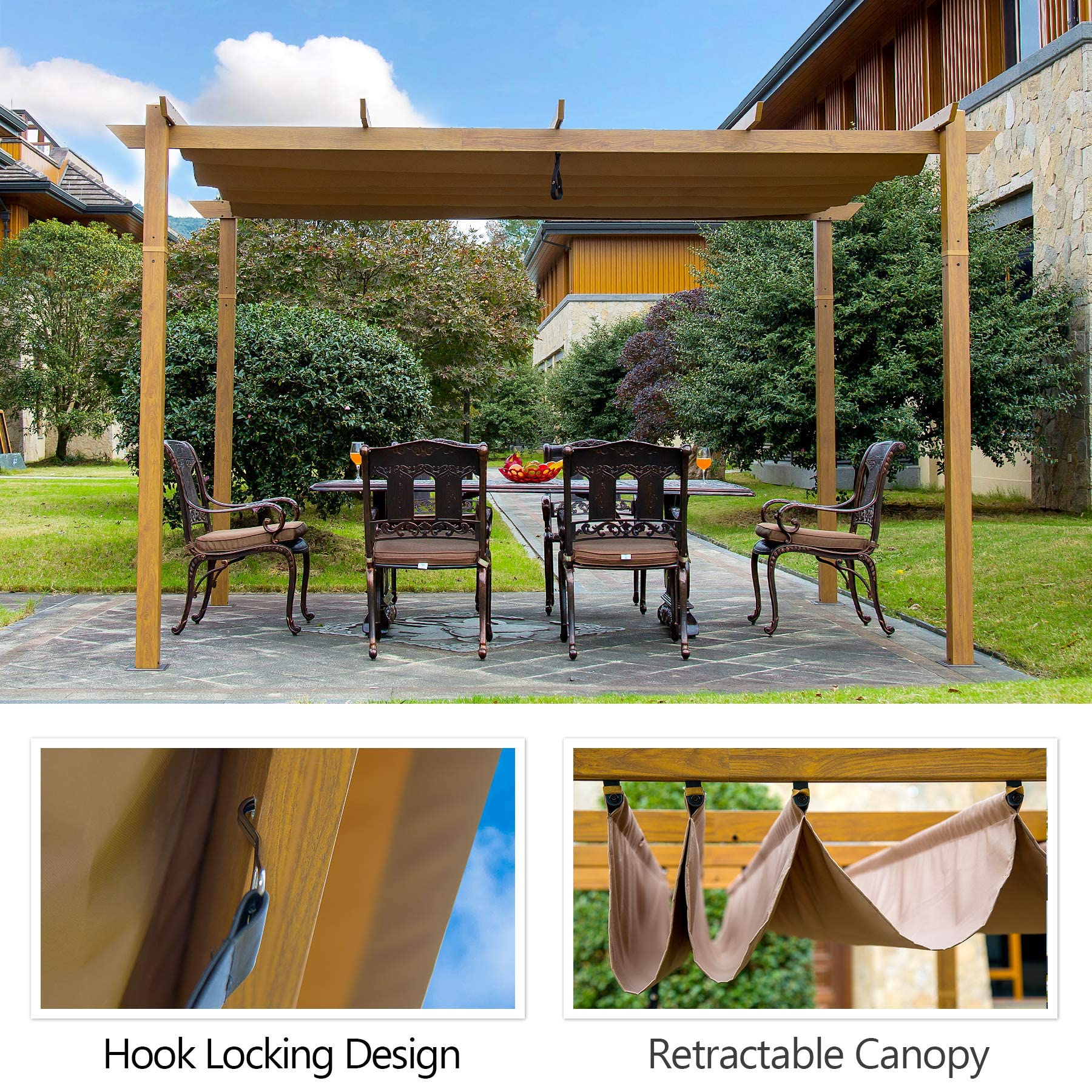 Domi Outdoor Living 10’ X 13’ Retractable Pergola with Heavy Duty Grape Trellis Sunshade - Teak Coated Patio Gazebo for Garden, Backyard & Courtyard | Perfect for Outdoor Dining, BBQ Grill Area & Relaxation