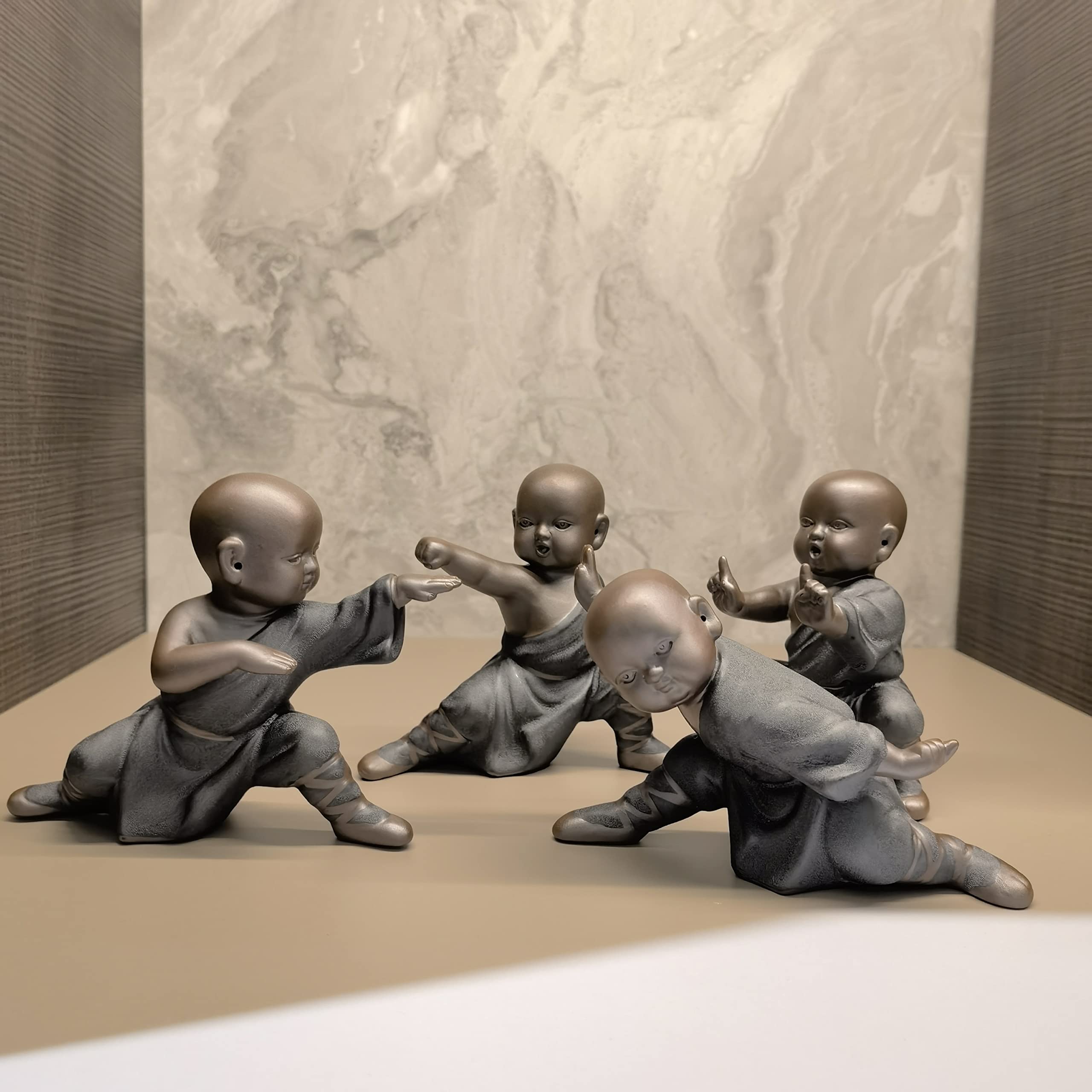 Set of 4 Black Ceramic Buddha Statues - Kung Fu Little Monk Figurines for Home Decor, Meditation Spaces & Gift Giving | Zen Decor, Tea Ceremony Accessories & Spiritual Display