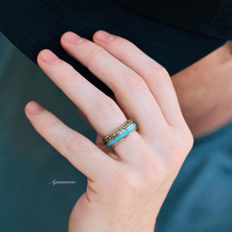 Blue Fire Opal & Crushed CZ Diamond Wedding Band - 8MM Gold Tungsten Ring for Men & Women - Perfect for Engagement, Anniversary & Special Occasions