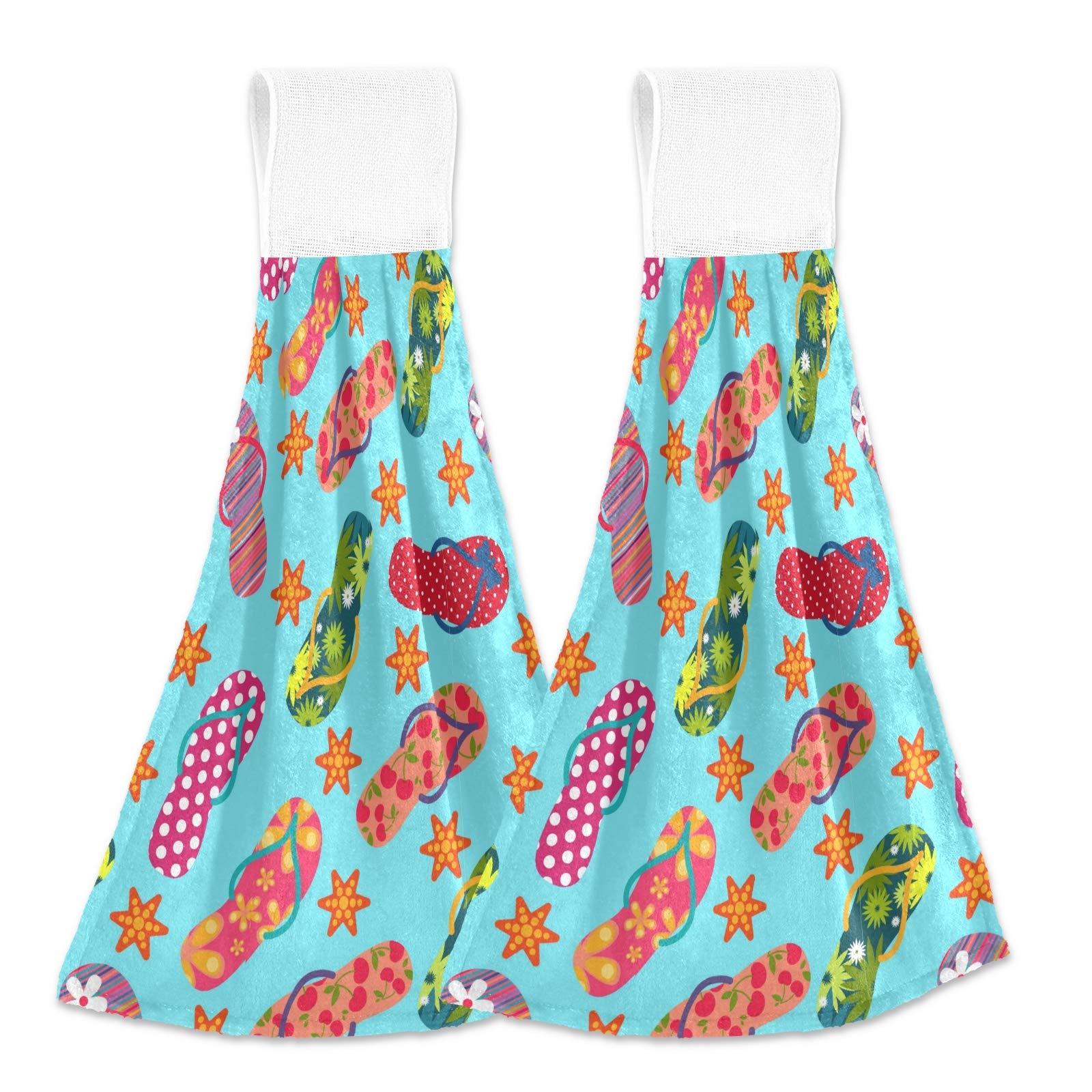 Boccsty Flip Flop Hanging Kitchen Towels Set of 2 - Summer Starfish Pattern Dish Cloths with Ties, Hand Towels for Bathroom, Tea Bar, Farmhouse Decor - Perfect for Housewarming Gifts and Tabletop Decor