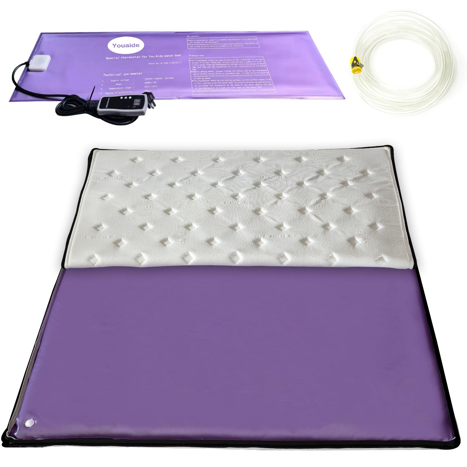 **Free Flow Full Wave Medium Water Bed - Square Purple Durable PVC Foldable Water Bed Set with Smart Thermostat, No Frame Needed Softside Water Bed for Adults & Elderly (Twin) - Perfect for Home, Guest Room, or Elderly Care Comfort**